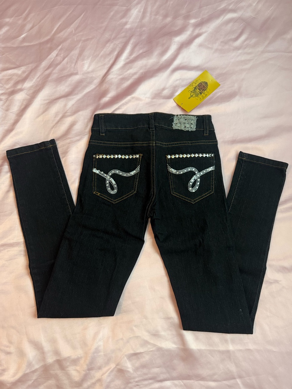 Dark Wash Women's Jeans with Blingy Embellished Back Pockets and Lace Detail
